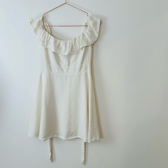 Zara off white Linen Sundress Short Off Shoulder Ruffle Tie Waist Dress prairie - Picture 6 of 9
